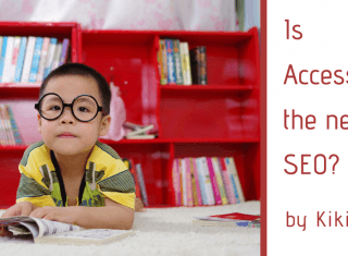 An adorable child with thick glasses sits in front of a bookshelf with the caption: is accessibility the new seo by Kiki Schirr