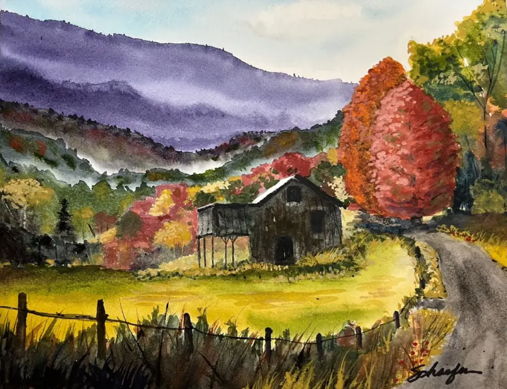 misty valley watercolor