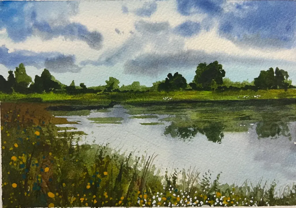 summer pond watercolor painting