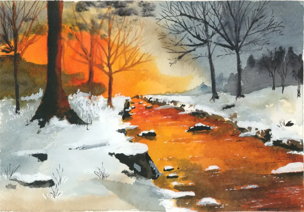 winter sunset watercolor painting