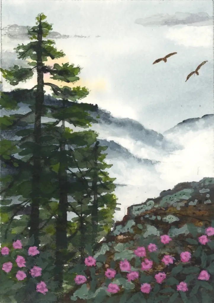 Rhododendrons in the mist watercolor painting