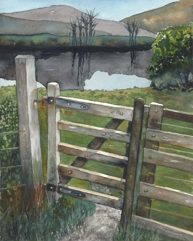 watercolor painting of old gate