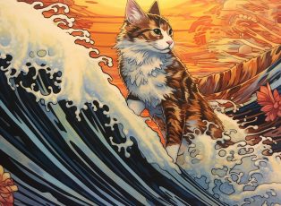MarkSchaefer_a_calico_cat_rising_a_surfboard_on_a_huge_wave_bac_af5f1a1b-549d-4bfe-ae9e-cfe02409a7dd