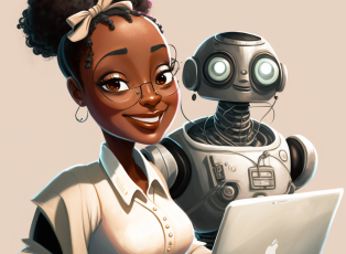 friendly_robot_serving_a_smiling_black_woman_who_i_9e324be8-4fb0-44b5-a6bd-e5f2e54eaee9